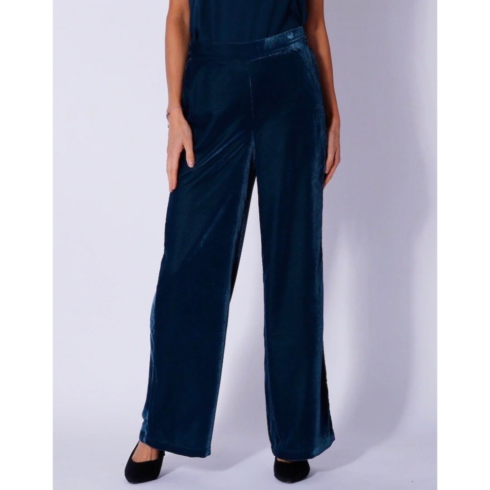 Wynne Collection Teal Blue Velvet Wide Leg Pants XL‎ Elastic Waist Flowy Elegant